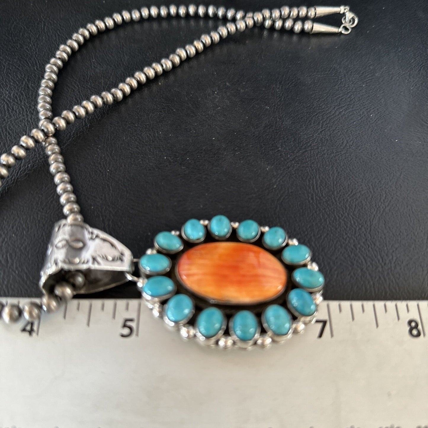 Blue Cluster Kingman Turquoise Sterling Orange Spiny Oyster Pendant 14278