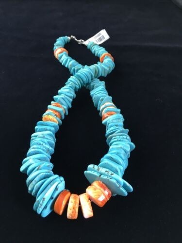 Navajo Sterling Silver Blue Turquoise Spiny Oyster 23" Necklace 16902