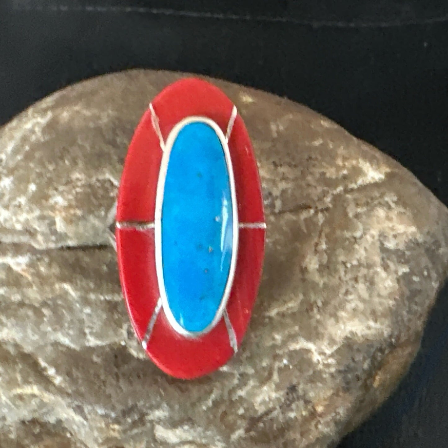 Blue Turquoise Coral Navajo Sterling Silver Ring Size 7.5 18767