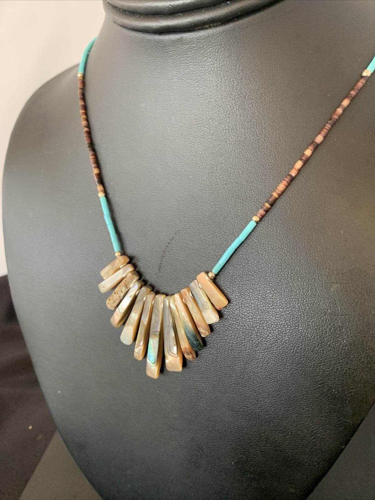 Blue Turquoise & Pava Shell Heishi Navajo Sterling Silver Necklace 01689