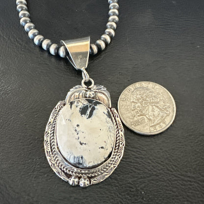 White Buffalo Turquoise Pendant Navajo Pearls Sterling Silver Necklace 19338
