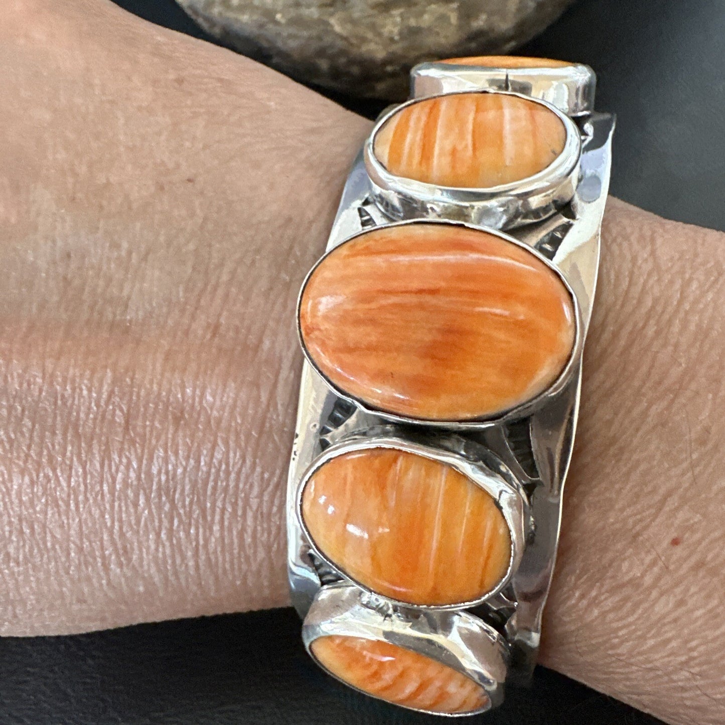 Stamped Orange Spiny Oyster Navajo Sterling Silver 5 Stone Cuff Bracelet 17942