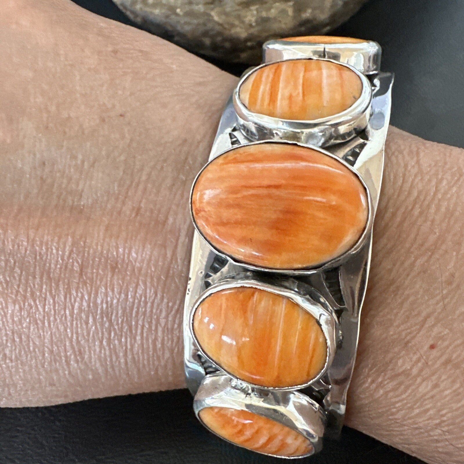 Stamped Orange Spiny Oyster Navajo Sterling Silver 5 Stone Cuff Bracelet 17942