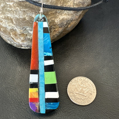 Santo Domingo Turquoise Spiny Adjustable Cord Necklace Inlay Pendant 3” 18476