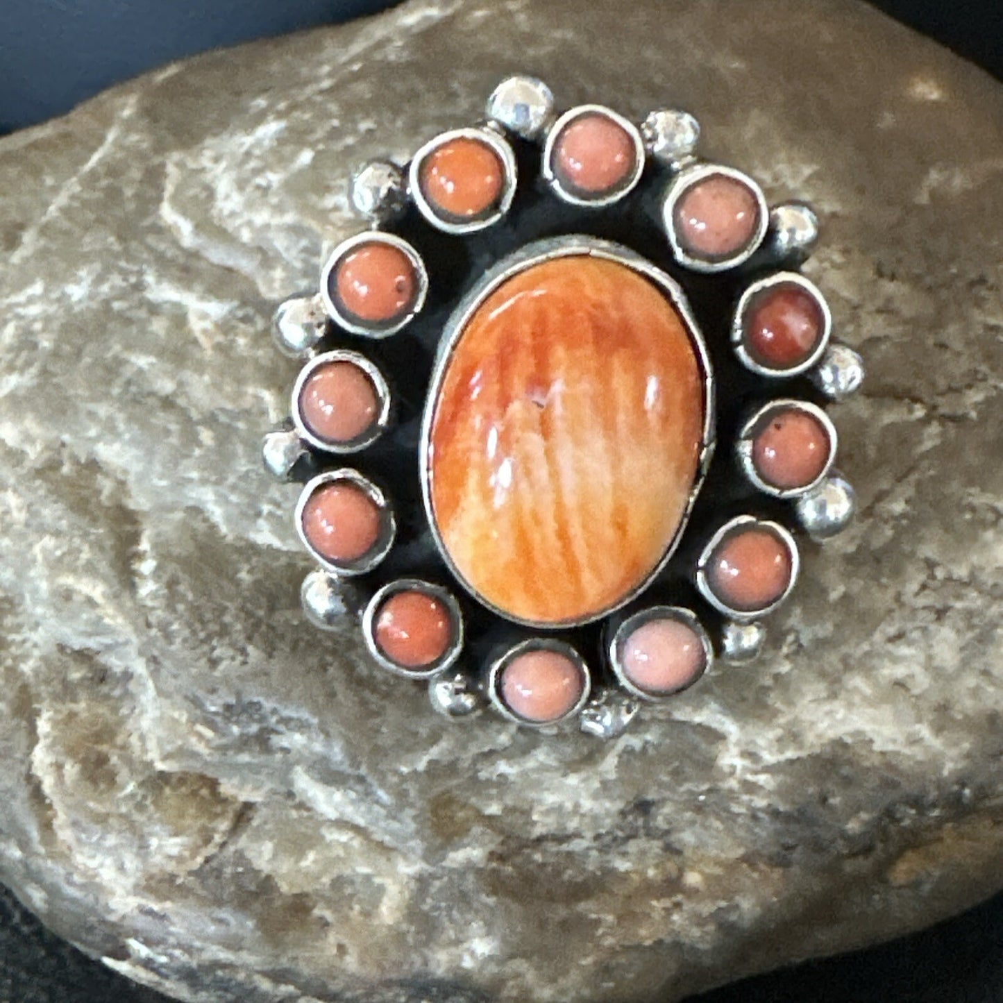 Orange Spiny Oyster Cluster Navajo Sterling Silver Ring Size 10 18397