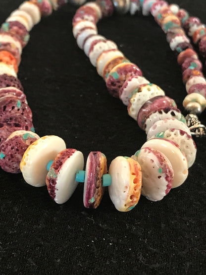 Purple Spiny Oyster & Turquoise Bead Navajo Sterling Silver Necklace 08439