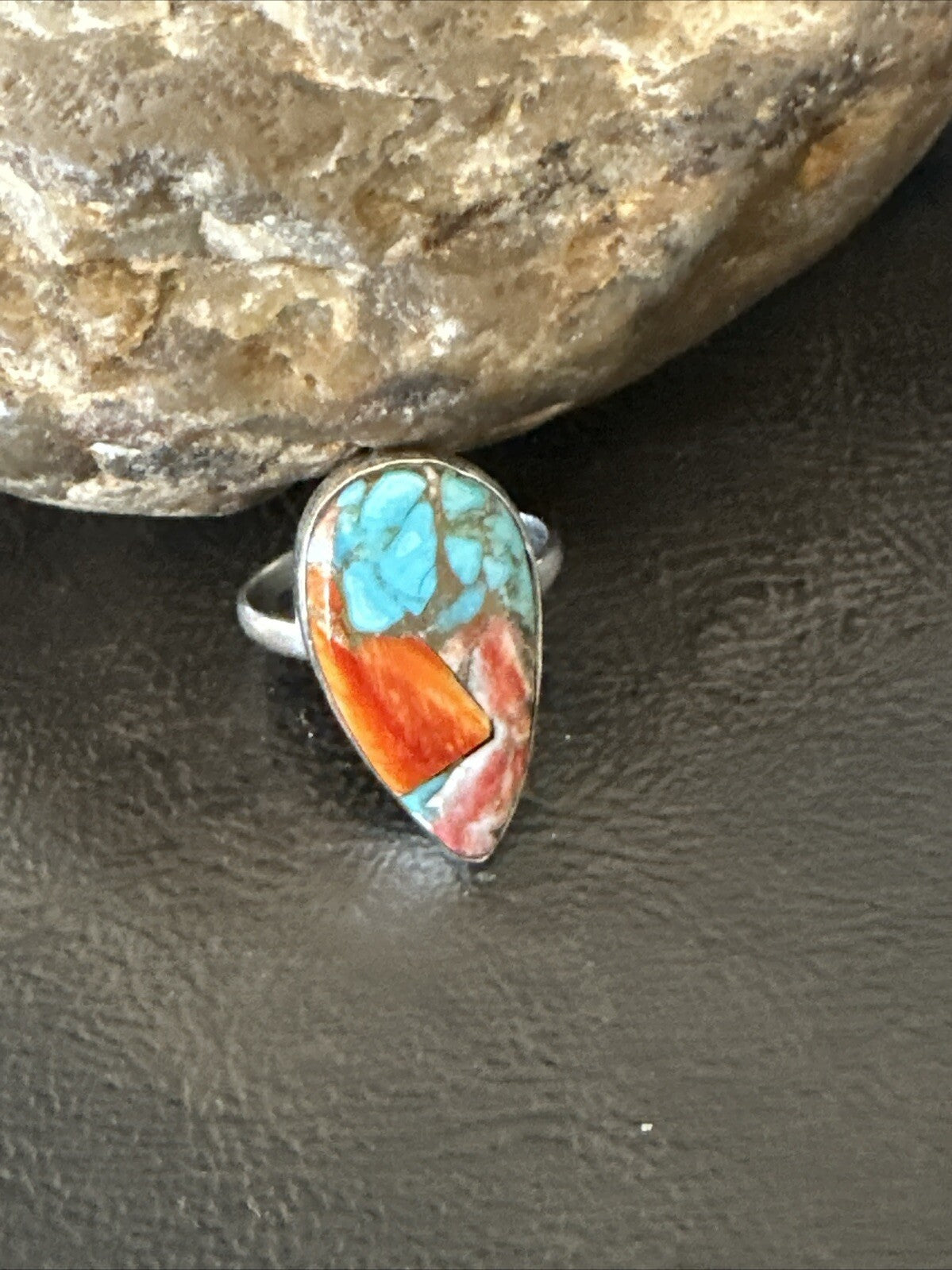 Blue Turquoise Spiny Oyster Southwestern Sterling Silver Ring Size 8 18435