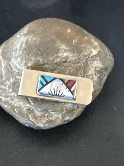 A Zuni Mens Turquoise Spiny Inlay Stainless Sterling Silver Money Clip 17836