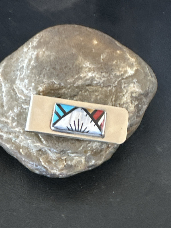 A Zuni Men's Turquoise Spiny Inlay Stainless Money Clip | Sterling Silver | Authentic Native American Handmade | 17836