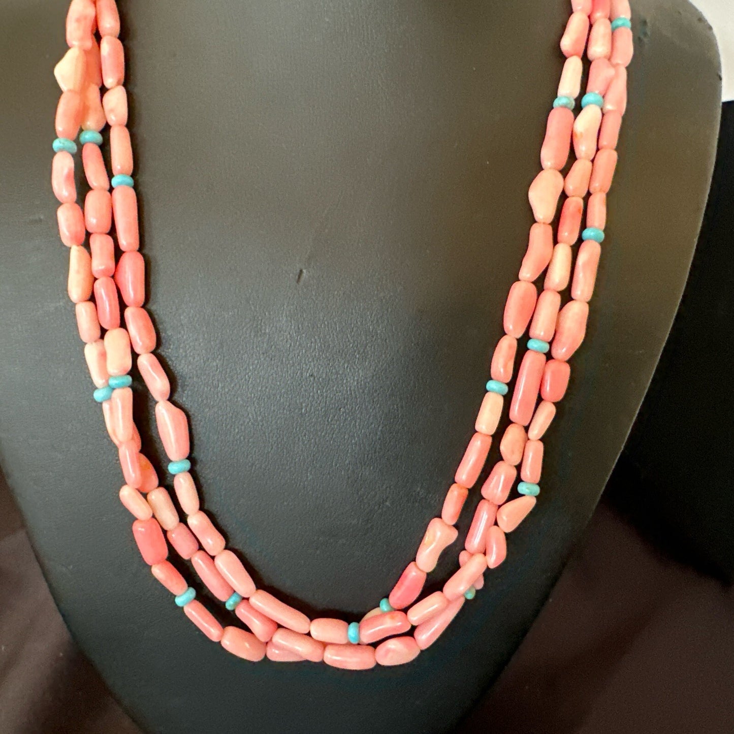 Native American Turquoise Pink Coral Sterling Silver 3 Strand Necklace 21" 17815