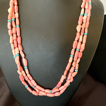 Native American Turquoise Pink Coral Sterling Silver 3 Strand Necklace 21" 17815
