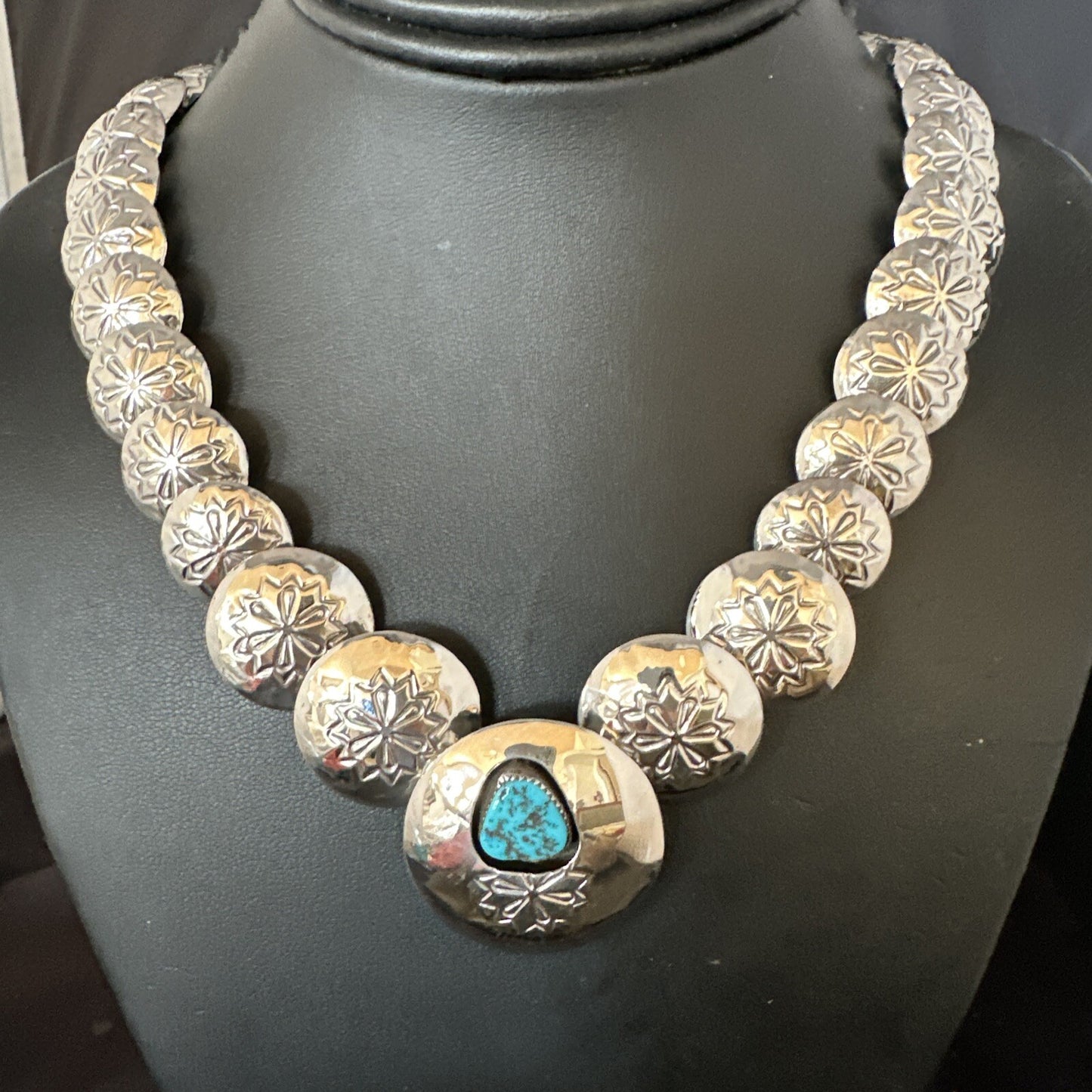 Turquoise Pillow Navajo Sterling Silver Bead Necklace 15082