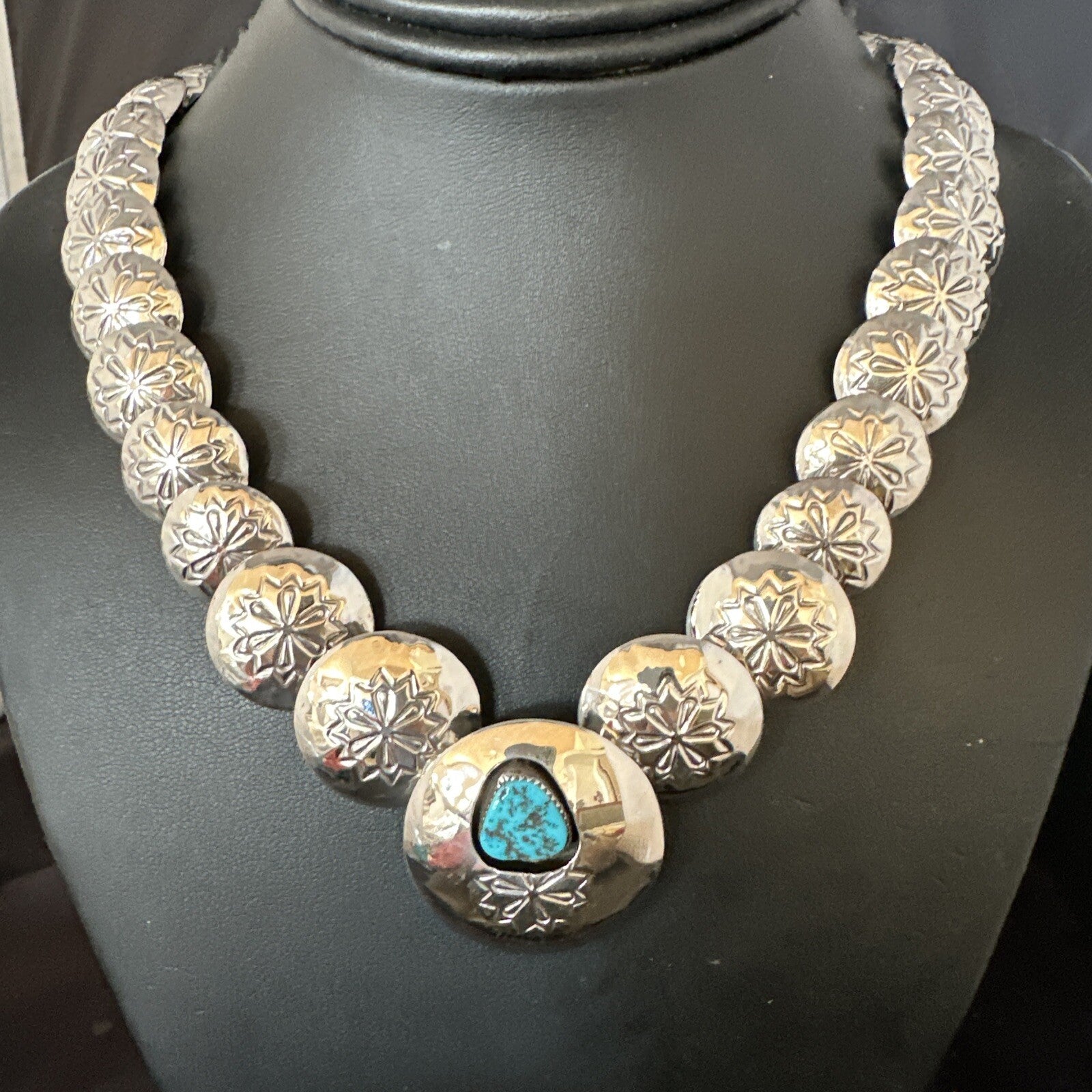 Turquoise Pillow Navajo Sterling Silver Bead Necklace 15082