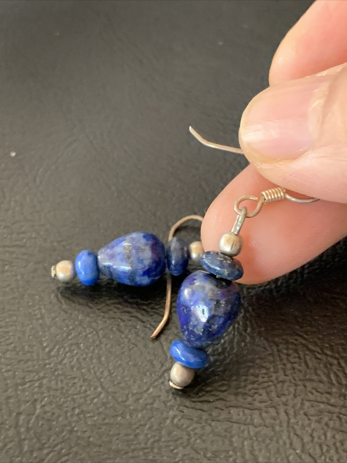 Blue Lapis Lazuli Bead Navajo Sterling Silver Dangle Earrings 1712