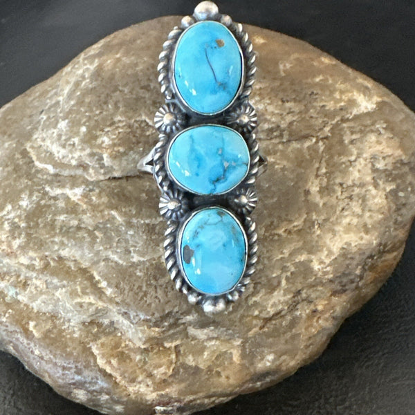 Navajo Cluster Blue Turquoise 3 Stone Ring Sz 8 | Sterling Silver | Authentic Native American Handmade | 18597