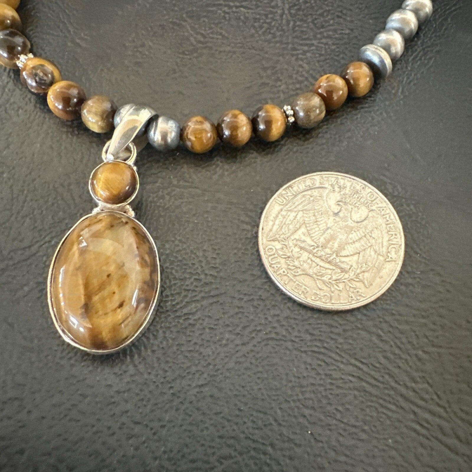 Coffee Brown Tigers Eye Sterling Silver Pendant Necklace Southwestern 18279