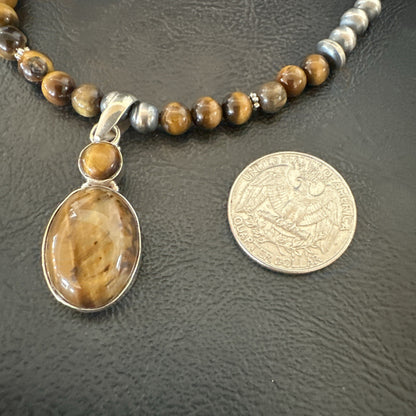 Coffee Brown Tigers Eye Sterling Silver Pendant Necklace Southwestern 18279