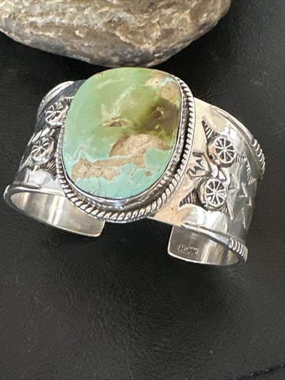 Navajo Women Green Royston Turquoise Stamped Sterling Silver Cuff Bracelet 17865