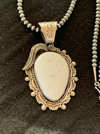 Mens White Buffalo Turquoise Pendant Navajo Sterling Silver Necklace 04238