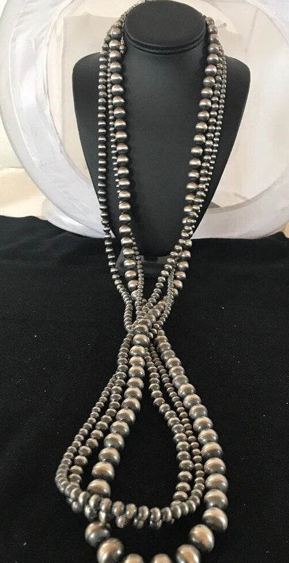 Native American Navajo Pearls Sterling Silver Bead Necklace 60” Long 3 Strands
