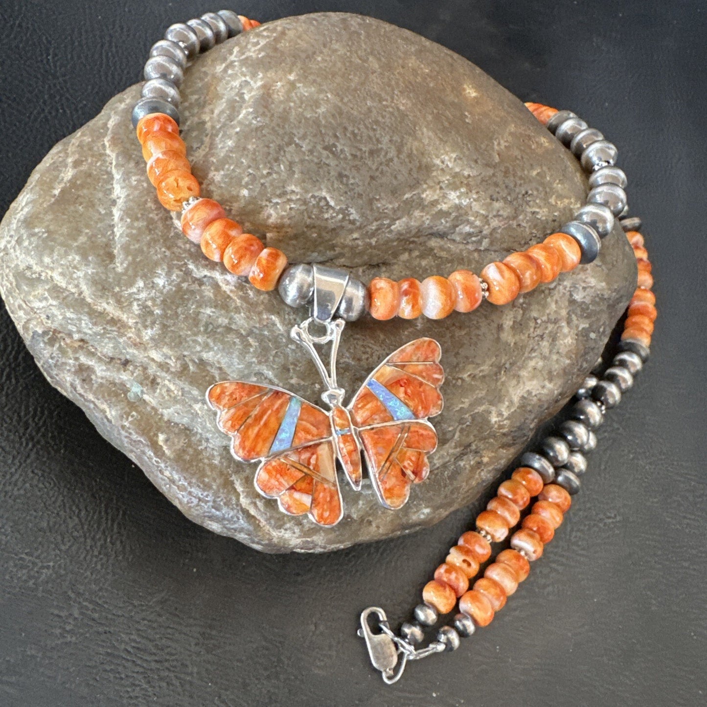 Butterfly Orange Spiny Oyster Opal Inlay Sterling Silver  Necklace Pendant 18676