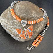 Butterfly Orange Spiny Oyster Opal Inlay Necklace Pendant | Sterling Silver | Authentic Native American Handmade | 18676