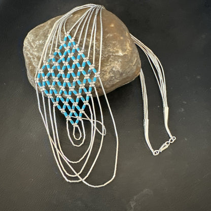 Turquoise Heishi Tubes Pendant 7 Strand Liquid Sterling Silver Necklace 19748