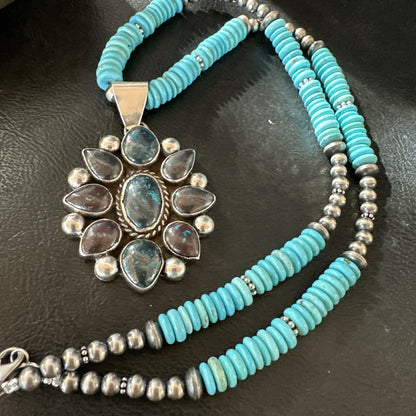 Blue Turquoise Navajo Sterling Silver Cluster Round Pendant Necklace 2”19660