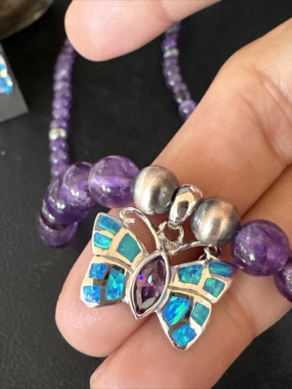 Butterfly Navajo Purple Amethyst Opal Sterling Silver Necklace Earrings 15299