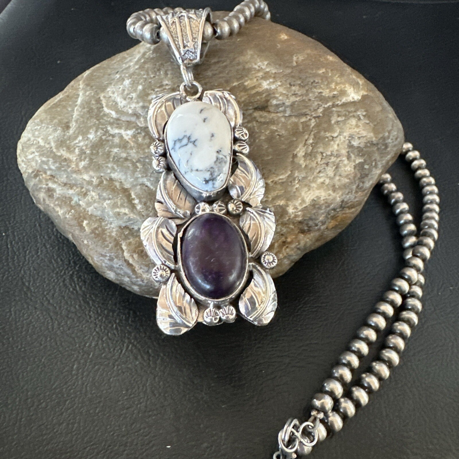 Navajo Sterling Silver White Buffalo Turquoise  Purple Stone Pendant 18035