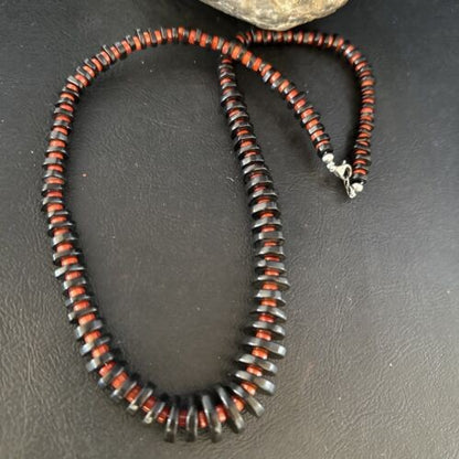 Navajo Bamboo Coral Black Onyx Necklace Sterling Silver 20" 14432