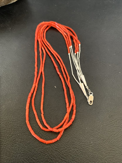 Natural Red Coral Heishi 3 Strands Sterling Silver Earrings & Necklace 20" 01218