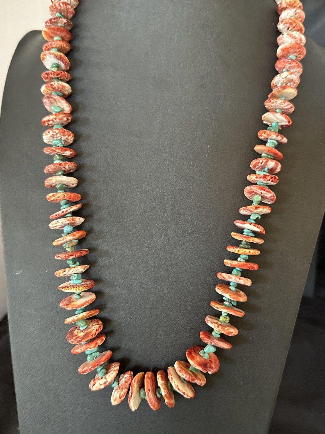 Red Spiny Oyster  Blue Turquoise Navajo Sterling Silver Necklace 28" 19718