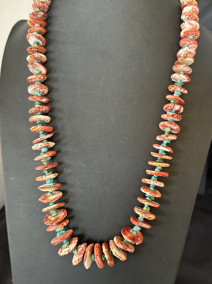 Red Spiny Oyster  Blue Turquoise Navajo Sterling Silver Necklace 28" 19718