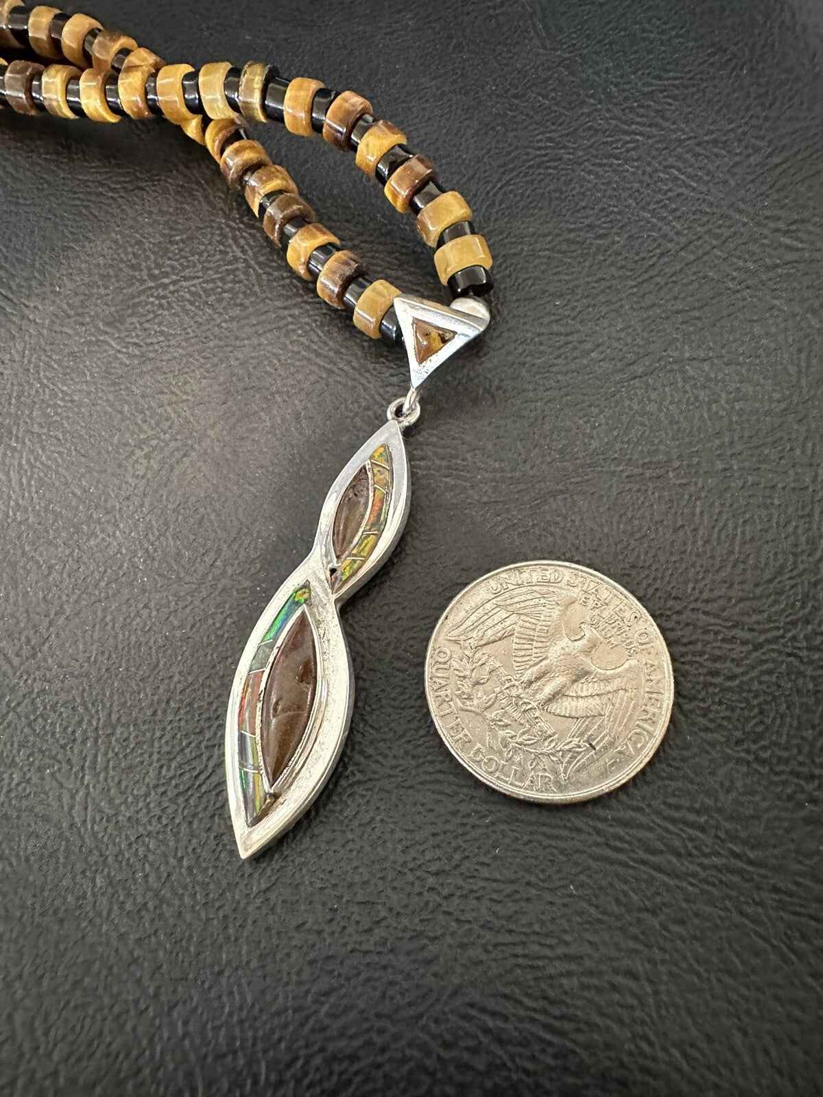 Coffee Tigers Eye Amber Opal Onyx Heishi Sterling Silver Pendant Necklace 18343
