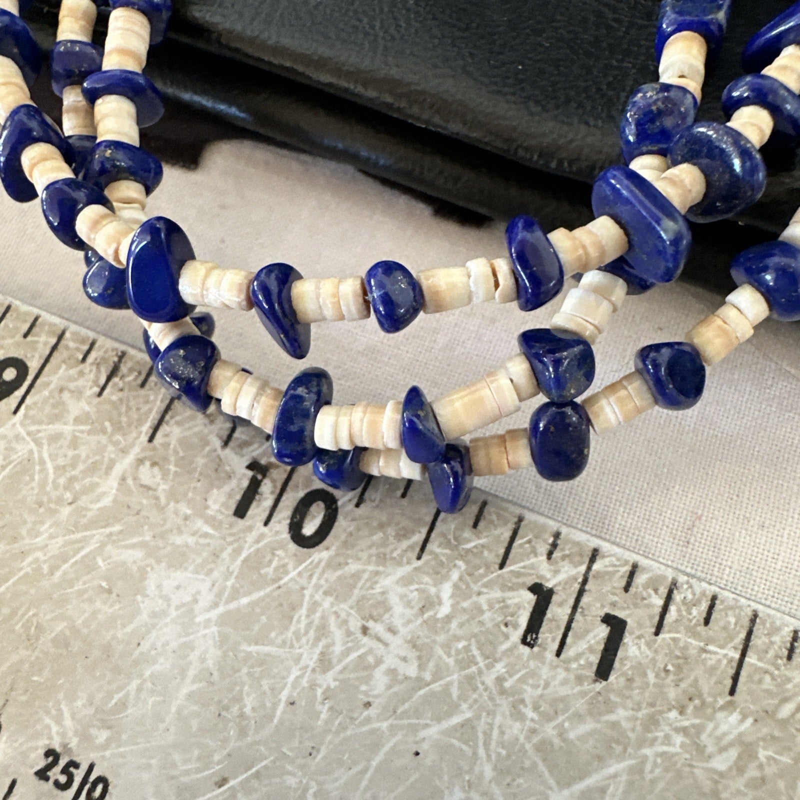 Blue Lapis Lazuli Tan Shell 3 Strand Navajo Sterling Silver Necklace 21” 19703