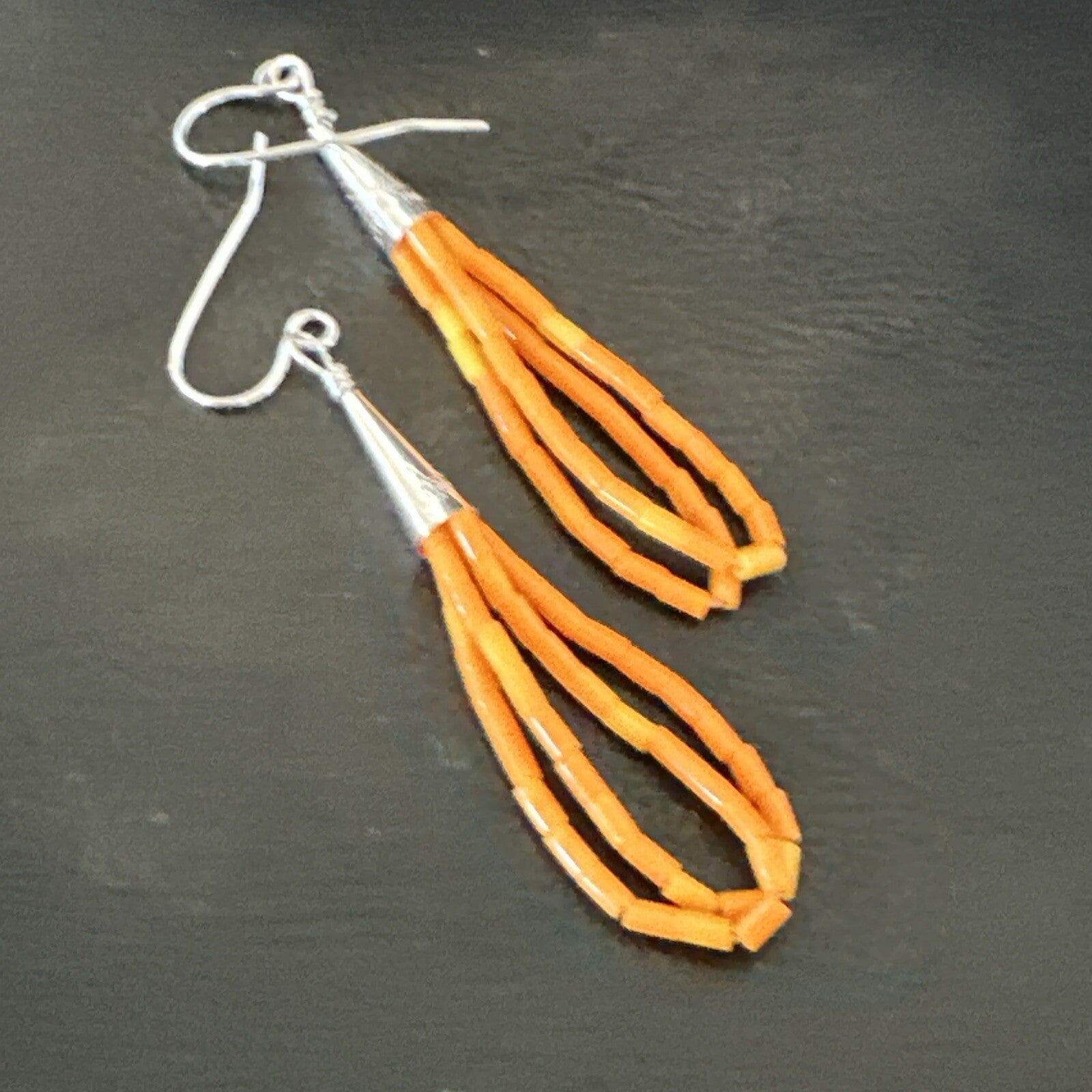 Orange Beads 2 Strands Heishi Liquid Sterling Silver Dangle Earrings 2" 18178