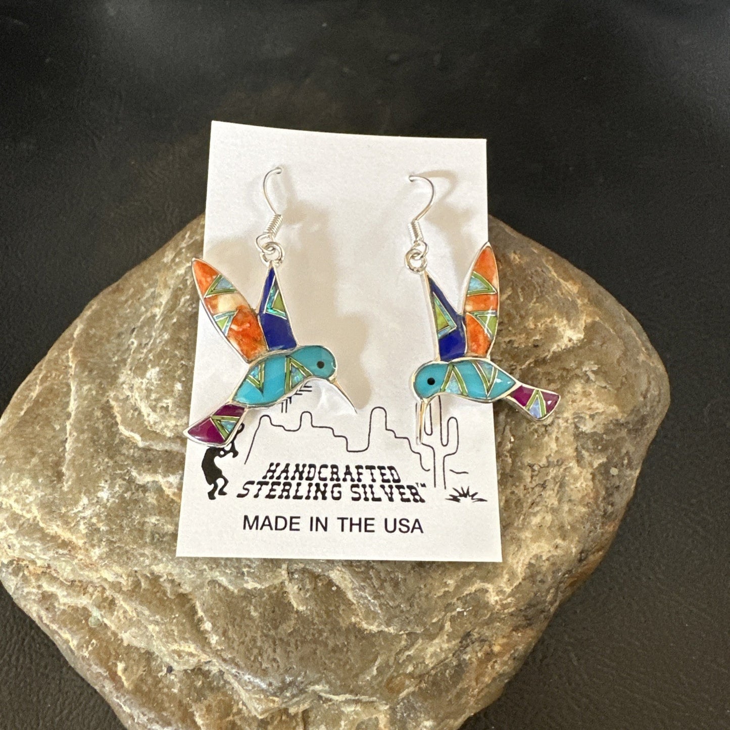 Blue Turquoise Spiny Opal Sterling Silver Hummingbird Dangle Earrings 19132