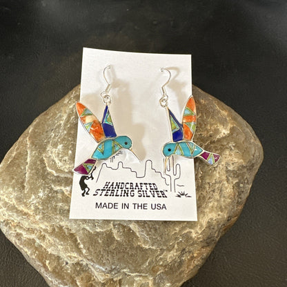 Blue Turquoise Spiny Opal Sterling Silver Hummingbird Dangle Earrings 19132