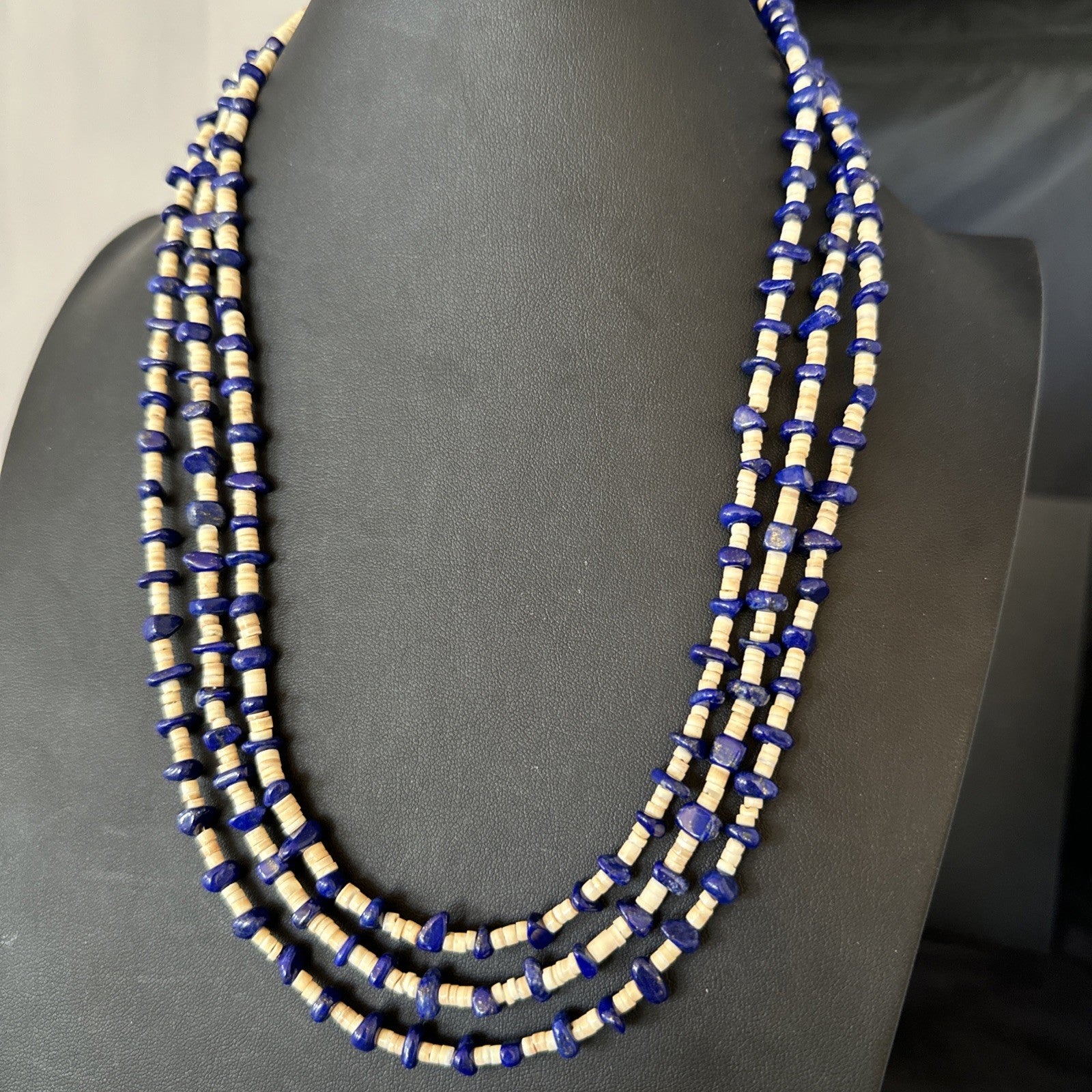 Blue Lapis Lazuli Tan Shell 3 Strand Navajo Sterling Silver Necklace 21” 19703
