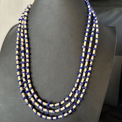Blue Lapis Lazuli Tan Shell 3 Strand Navajo Sterling Silver Necklace 21” 19703