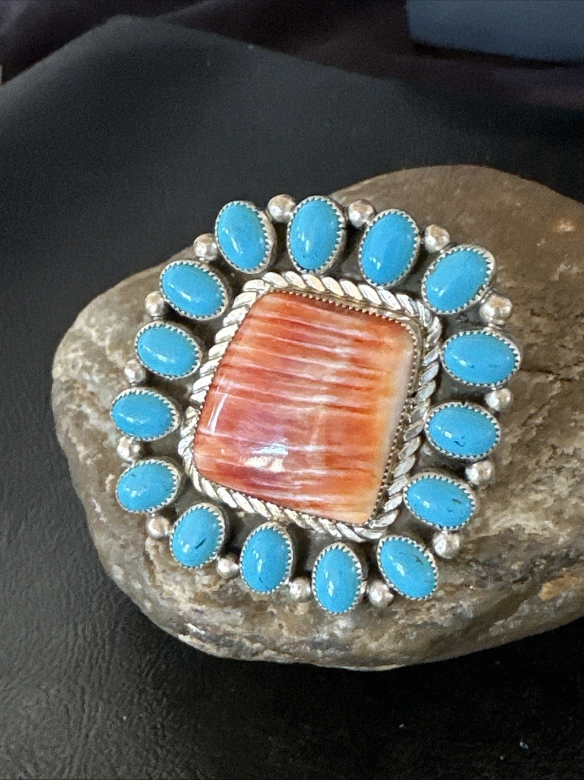 Orange Spiny Oyster Turquoise Navajo Sterling Silver Cluster Ring Sz 9 19761