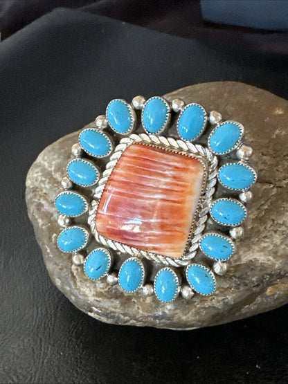 Orange Spiny Oyster Turquoise Navajo Sterling Silver Cluster Ring Sz 9 19761