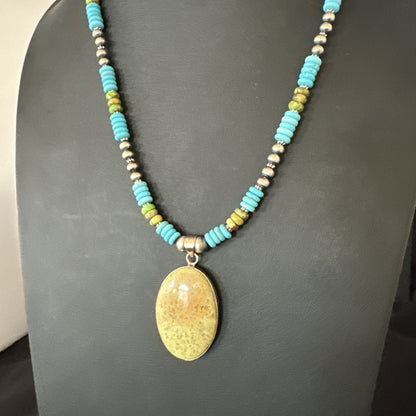 Green Gaspeite Pendant Blue Turquoise Navajo Sterling Silver Necklace 20" 19667