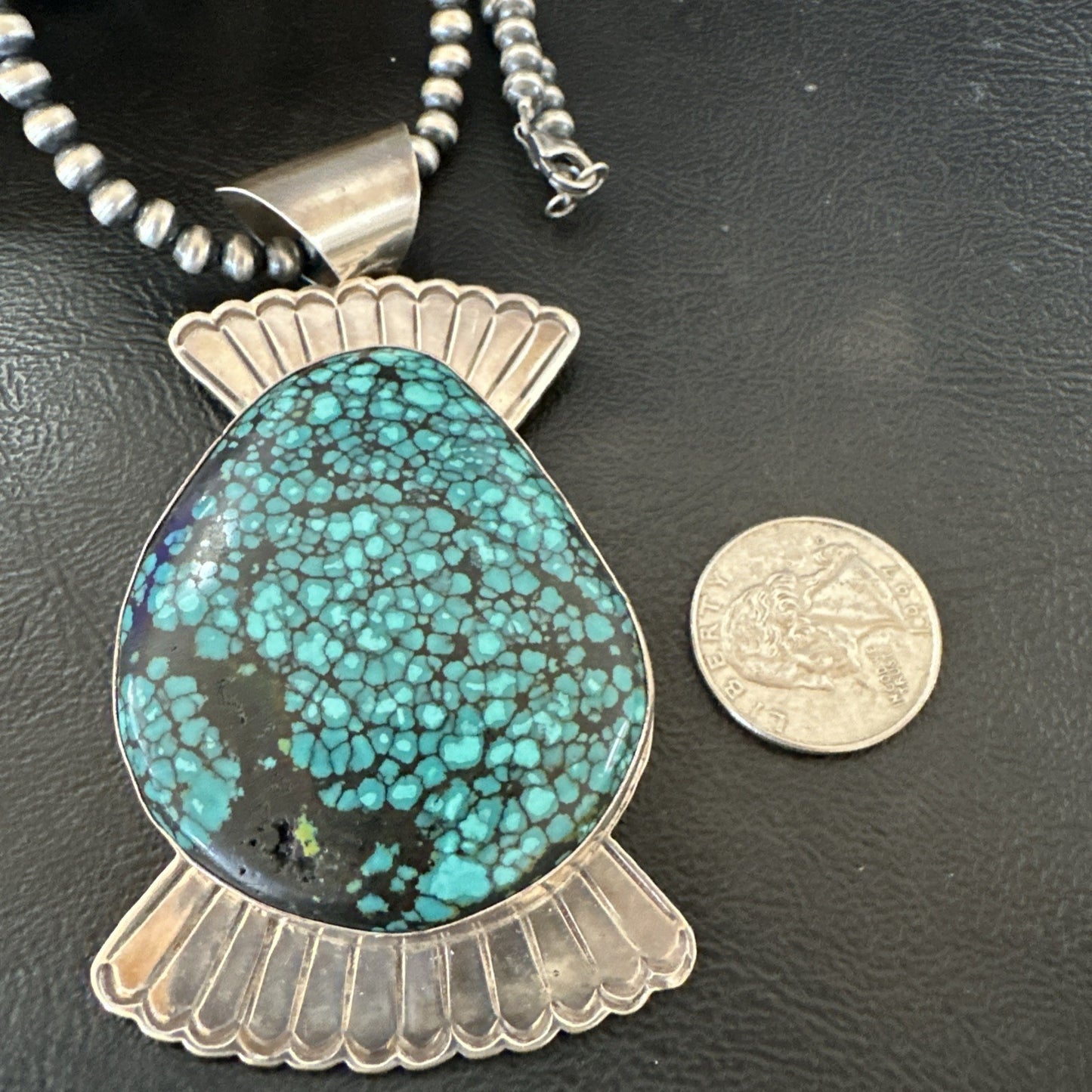 WoMens Blue Spiderweb Turquoise Pendant Navajo Sterling Silver Necklace 19299