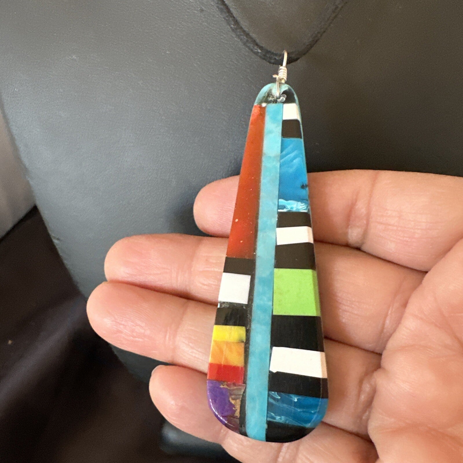 Santo Domingo Turquoise Spiny Adjustable Cord Necklace Inlay Pendant 3” 18476