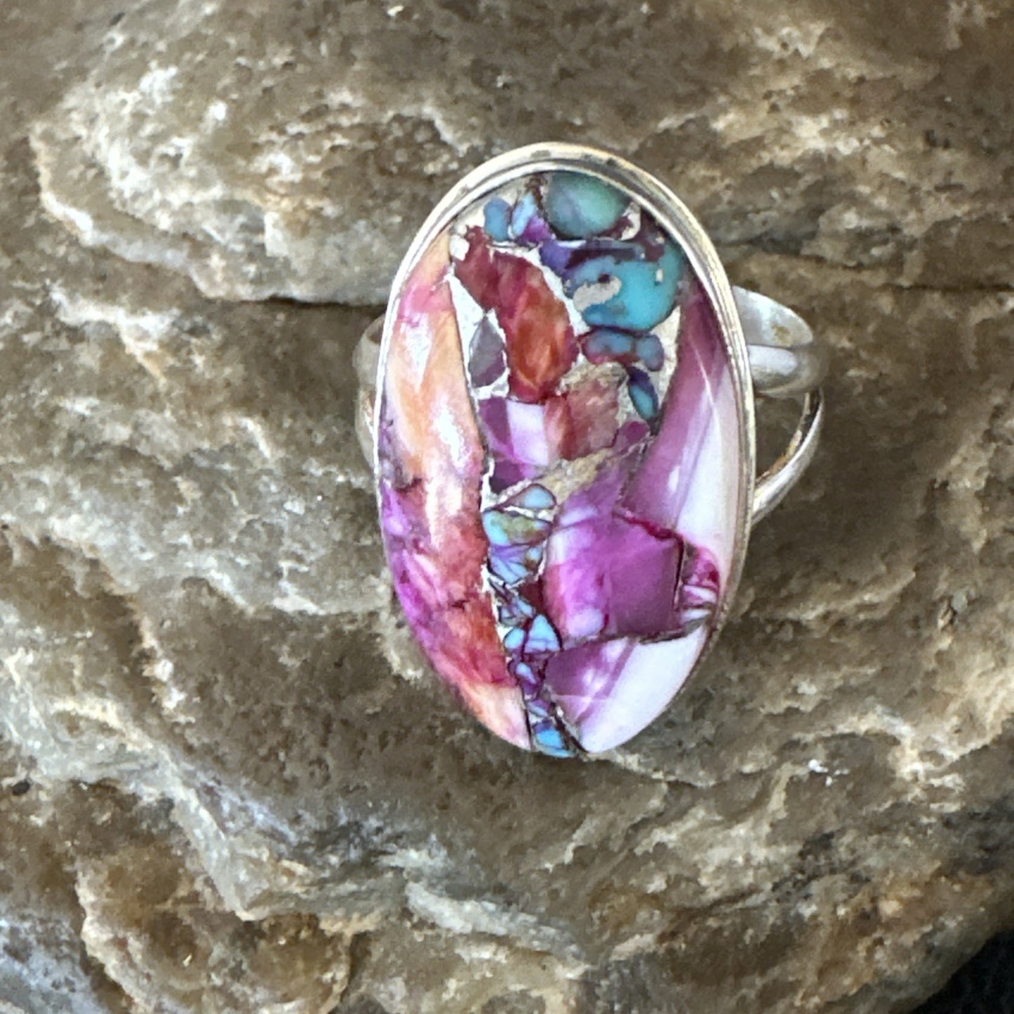 Blue Turquoise Spiny Oyster Southwestern Sterling Silver Ring Size 10 19056