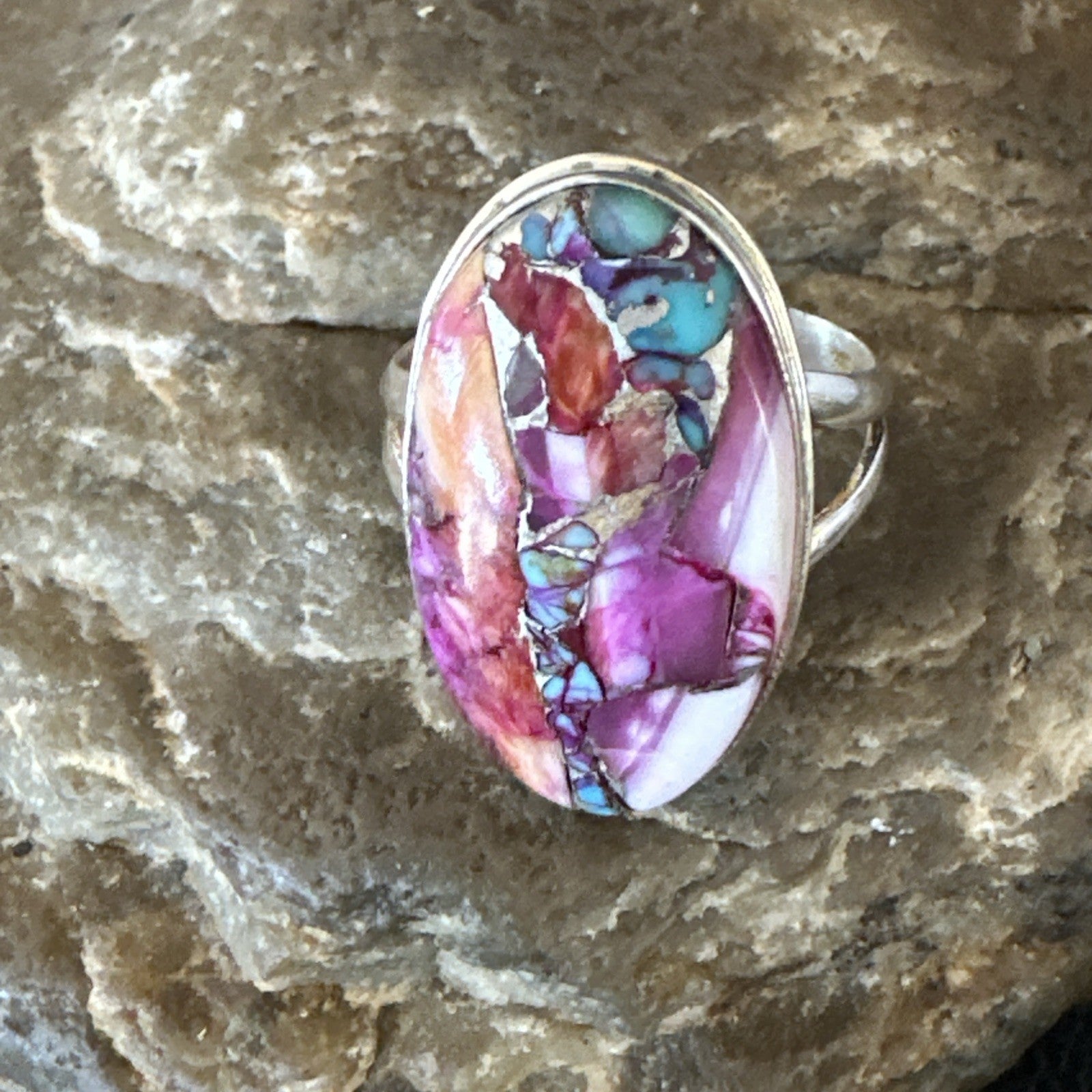 Blue Turquoise Spiny Oyster Southwestern Sterling Silver Ring Size 10 19056