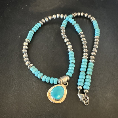 WoMens Blue Kingman Turquoise Pendant Navajo Sterling Silver Necklace 21" 19055