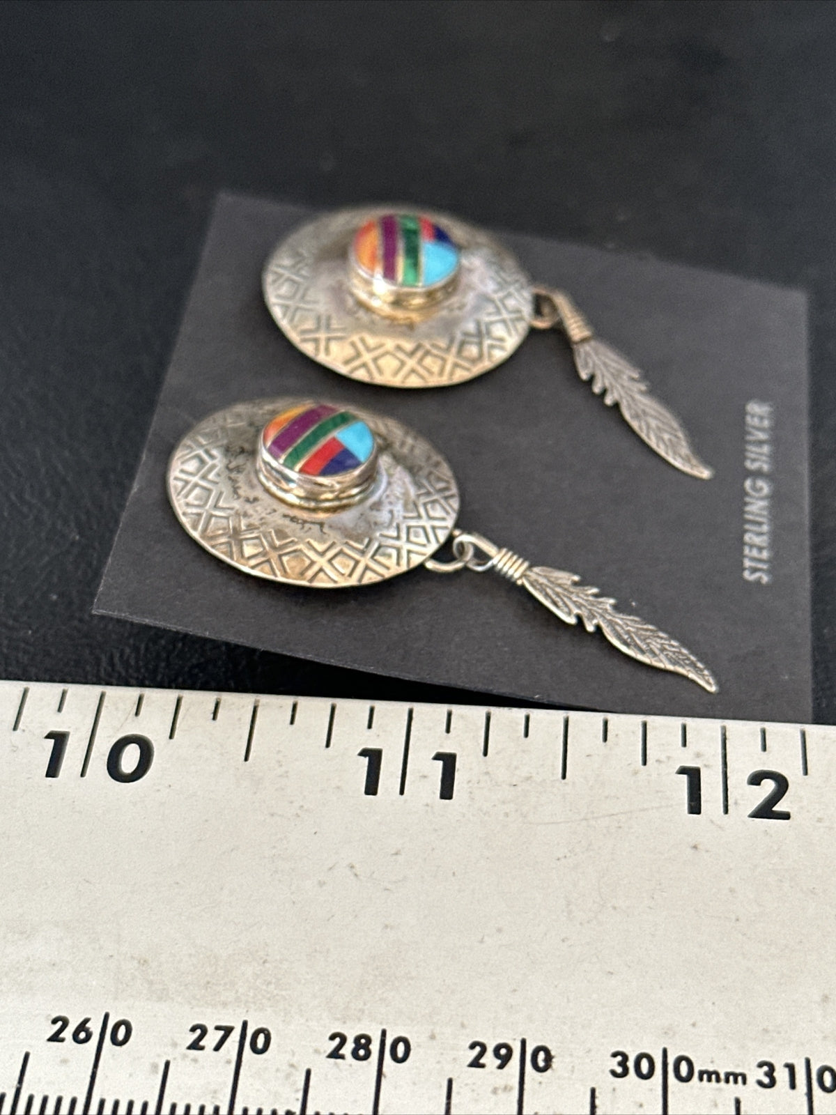Blue Turquoise & Spiny Oyster Navajo Sterling Silver Inlay Earrings 2” 14762